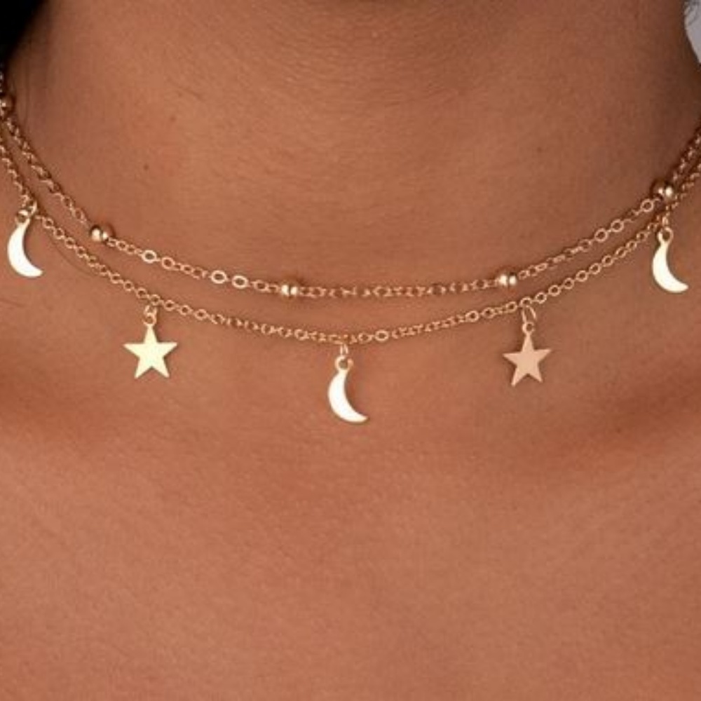 Golden Crescent Moon Star Pendant Chain Necklace